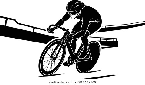 A high-contrast vector silhouette of a cyclist riding a track bike inside a velodrome venue. Ideal for cycling competition posters, sports event graphics, athletic branding, and tournament banners.