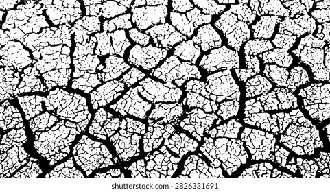 A high-contrast vector texture illustration of cracked dry earth and parched ground. Features a detailed network of black fissure cracks on a white background, capturing a drought-stricken soil, desert floor, or distressed paint surface. Ideal for grunge background overlays, climate change graphics, drought concepts, vintage distressed textures, photo filters, and abstract vector patterns.