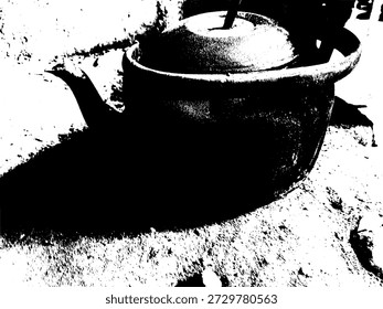 Vector de alto contraste de un hervidor de agua tradicional cubierto de hollín. Silueta monocromática artística de olla antigua para el diseño rústico y patrimonial.