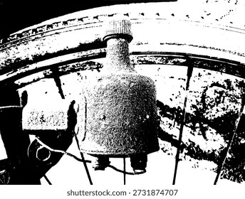 High-contrast vector of a vintage bicycle dynamo and wheel rim. Gritty mechanical texture in black and white for retro and industrial design themes.