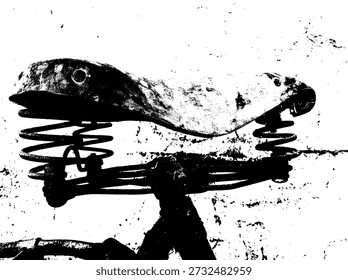 High-contrast vector of a vintage bicycle saddle with metal springs. Gritty retro texture in black and white for industrial and automotive design.