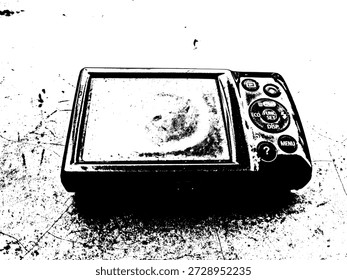 Vetor de alto contraste de uma câmera digital compacta vintage. Silhueta monocromática artística de equipamento retro fotografia para tecnologia e design nostálgico.