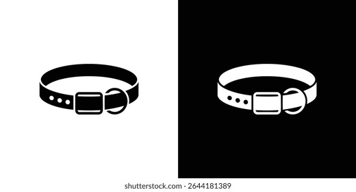 High-contrast view of a pet collar presented in opposing black and white themes, highlighting its design, buckle, and ring, against contrasting backgrounds for clarity.