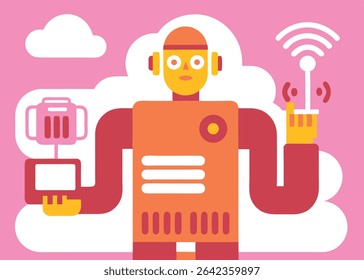 High-contrast, whimsical, and stylized vector illustration of a robot character. Ideal for sci-fi, tech, AI, futuristic, and creative design projects.
