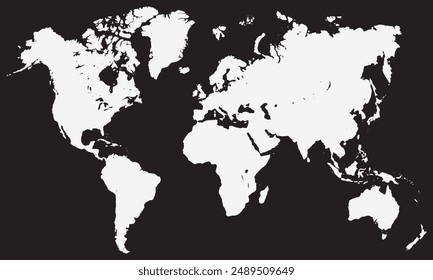 A high-contrast world map silhouette, black background, For educational materials, global travel, geographic content. This vector emphasizes the continents and a clear, visual appealing of the World.