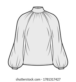 High-cut neck blouse technical fashion illustration with long bishop sleeves, loose fit, button-fastening keyhole at back. Flat apparel top template front, grey color. Women men, unisex shirt CAD
