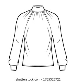 High-cut neck blouse technical fashion illustration with long sleeves with cuff, loose fit, button-fastening keyhole at back. Flat shirt apparel template front white color. Women men unisex CAD mockup