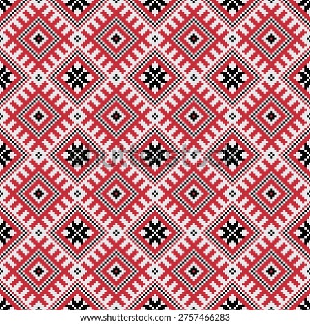 High-Density Ukrainian Seamless Pattern: Vibrant Red and Black Geometric Embroidery, Traditional Slavic Folk Cross-Stitch Vector Background. A rich and densely packed seamless vector pattern inspired by traditional Ukrainian embroidery. This design features a continuous grid of red and black geometric stars and interlocking diamond motifs. The high-contrast pixel-art style makes it perfect for bold textile prints, upholstery, ethnic fashion collections, wallpaper, and cultural gift wrapping.