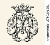 High-detail black and white vector illustration of a classic heraldic crest featuring a regal crown, ornate floral scrolls, and symmetrical design, ideal for logos, branding, and decorative projects.