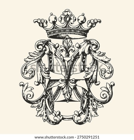 High-detail black and white vector illustration of a classic heraldic crest featuring a regal crown, ornate floral scrolls, and symmetrical design, ideal for logos, branding, and decorative projects.