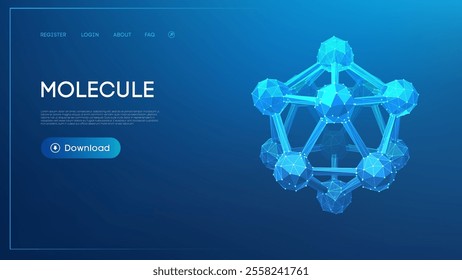 High-detail low-poly molecular structure in glowing blue with digital aesthetics on a smooth gradient backdrop. Ppt webinar presentation bg for banner template.