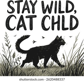High-Detail Silhouette Cat Typography T-Shirt Designs on White Background