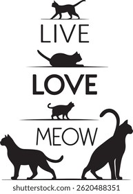 High-Detail Silhouette Cat Typography T-Shirt Designs on White Background