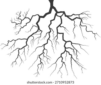 Detaillierte Thunder Lightning Bolt Vektorgrafik mit verzweigten elektrischen Schlägen auf weißem Hintergrund für Energie-, Strom-, Sturm-, Strom- und Grafikdesign Konzepte