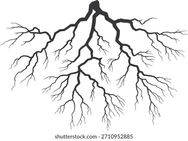 Detaillierte Thunder Lightning Bolt Vektorgrafik mit verzweigten elektrischen Schlägen auf weißem Hintergrund für Energie-, Strom-, Sturm-, Strom- und Grafikdesign Konzepte