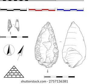 High-detail vector illustration of archaeological elements including lithic artifacts, scale bars, measurement references and scientific symbols. Ideal for academic publications, research papers, educational materials, museum graphics and anthropology or archaeology themed designs. Clean black and white line art with precise technical detailing.