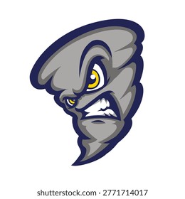 High-detail vector mascot of a spinning tornado with a menacing face, designed for weather-related branding, esports teams, and impactful logo designs.