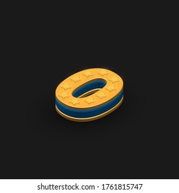 High-detailed 3D gold and blue '0' character from a set, isometric vector illustration