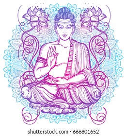 High-detailed artwork of Sitting Buddha over the round Mandala pattern. Hand drawn beautiful vector artwork isolated. Buddhist spiritual motifs. Sign for tattoo, textile print, mascots and amulets.