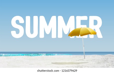 High-detailed beach with 'SUMMER' in the background, vector illustration