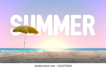 High-detailed beach at sunset  with 'SUMMER' in the background, vector illustration