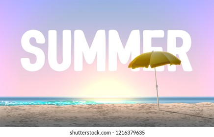 High-detailed beach at sunset  with 'SUMMER' in the background, vector illustration
