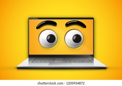 High-detailed emoticon eyes on a notebook screen, vector illustration