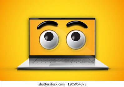 High-detailed emoticon eyes on a notebook screen, vector illustration