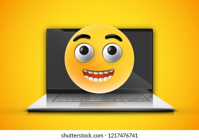 High-detailed emoticon on a notebook screen, vector illustration