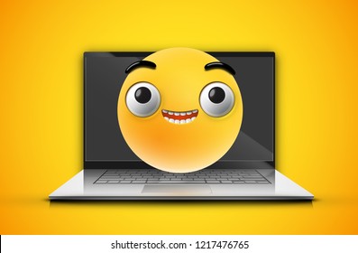 High-detailed emoticon on a notebook screen, vector illustration