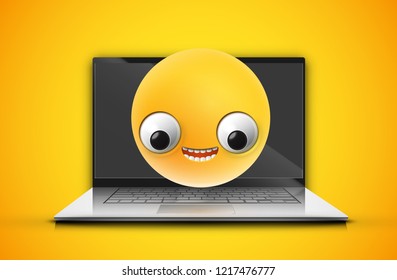 High-detailed emoticon on a notebook screen, vector illustration