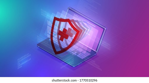 High-detailed laptop with data or protection, isometric vector illustration