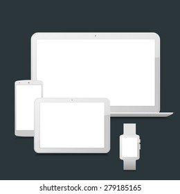 High-detailed modern blank laptop, tablet, smartphone and smart watch vector mock up on dark background