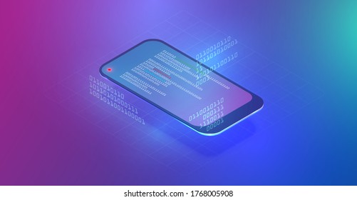 Smartphone de alto nivel con datos proyectados, ilustración vectorial isométrica