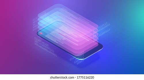 High-detailed smartphone with data projected, isometric vector illustration