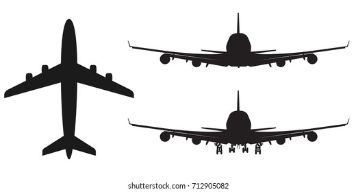 High-detailed Vector plane silhouette, solid illustration, isolated on white. Each part is separated. Top, side, front and back view