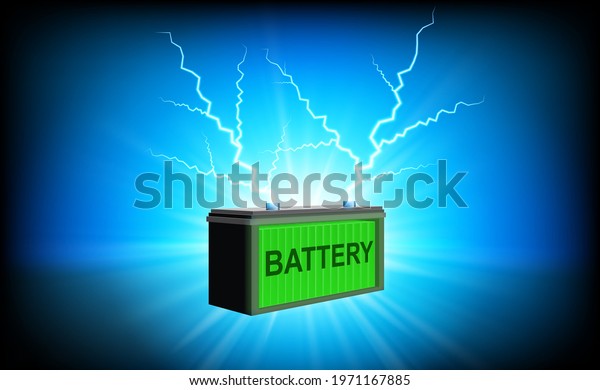High-efficiency car batteries provide clean\
and saving energy, safe for the environment, quick recharging\
voltage, recycling green energy on light blue background\
perspective 3D vector\
illustration