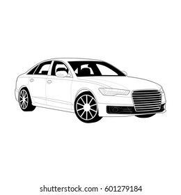High-end car. Vector draw with black lines. Technical drawing 