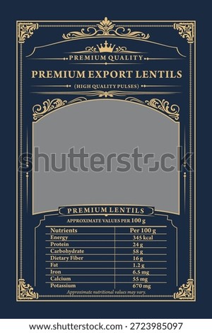 High-end luxury packaging label design for premium export-quality lentils with nutrition facts, ideal for international markets, global food brands, and high-value grocery packaging.