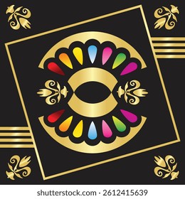 A high-end ornamental vector design featuring a stunning black background with gold floral accents and colorful decorative elements. Ideal for luxury product packaging, high-end invitations, festive g
