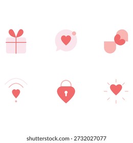 High-end vector icon collection representing modern love, digital affection, and emotional interactions. The set includes six geometric heart-based symbols featuring concepts of gifting, chat messaging, mutual trust, digital attention, secure commitment, and joyful surprise. Designed in a soft modern style with a coral red and blush pink color palette, isolated on a white background. Perfect for dating apps, Valentine's Day campaigns, and UI UX design.
