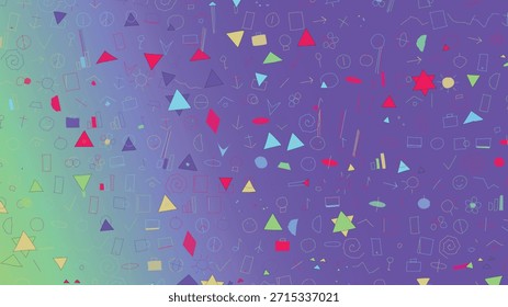Um fundo digital abstrato de alta energia com uma composição dinâmica de cubos isométricos 3D flutuantes, triângulos e rabiscos. A paleta de cores utiliza um impressionante gradiente de azul profundo e roxo neon, acentuado por verde-hortelã e tons suaves de rosa. Esta estética inspirada em vaporwave é perfeita para banners de herói focados na tecnologia, gráficos de mídia social, slides de apresentação e elementos de web design futurista.