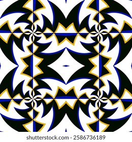 A high-energy abstract pattern with jagged, lightning-like edges forming swirling optical illusion. The bold black, blue, yellow palette enhances dynamic movement. Ideal for modern design projects.