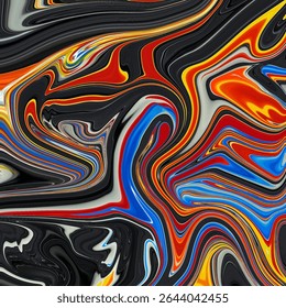 High-energy abstract swirl with red, blue, yellow, and black tones in fluid motion. Perfect for tech or art visuals.