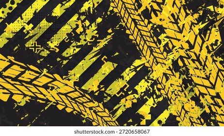 Fondo de Vector abstracto de alta energía con colores amarillos y negros llamativos. Incluye Pistas de neumáticos afligidos, texturas grunge y salpicaduras geométricas. Perfecto para deportes extremos, marca automotriz, carteles de carreras y diseños urbanos.