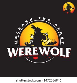 A high-energy and aggressive vector mascot featuring a werewolf silhouette roaring against a glowing full moon. The design includes the bold tagline "Unleash The Beast," symbolizing raw power, transformation, and dominance. This fierce emblem is perfect for esports teams, gaming channels, fitness apparel, MMA gyms, and horror-themed branding looking for a powerful and intimidating visual identity.