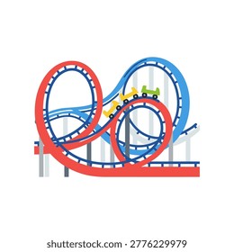 High-energy amusement park roller coaster with dynamic looping track in bold red and blue colors, featuring a bright yellow and green train, isolated on clean white background for versatile commercial use.
