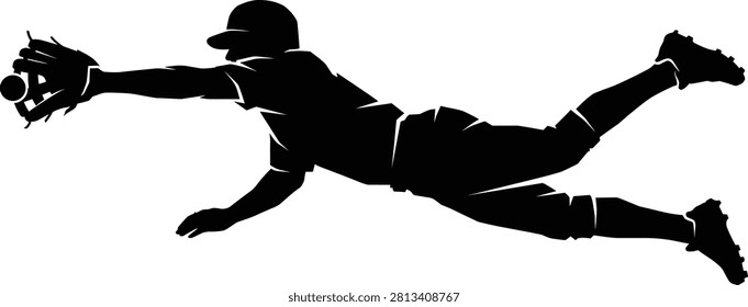A high-energy black silhouette vector depicting an outfielder making a spectacular diving catch during a baseball game. Excellent for sports logos, team merchandise, tournament flyers, athletic training advertisements, and editorial layouts.