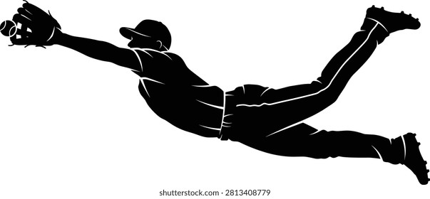 A high-energy black silhouette vector depicting an outfielder making a spectacular diving catch during a baseball game. Excellent for sports logos, team merchandise, tournament flyers, athletic training advertisements, and editorial layouts.