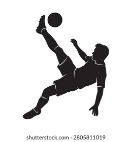 A high-energy black silhouette vector illustration of a soccer player executing a powerful bicycle kick, showcasing athletic prowess, precision, and the intensity of competitive football matches.